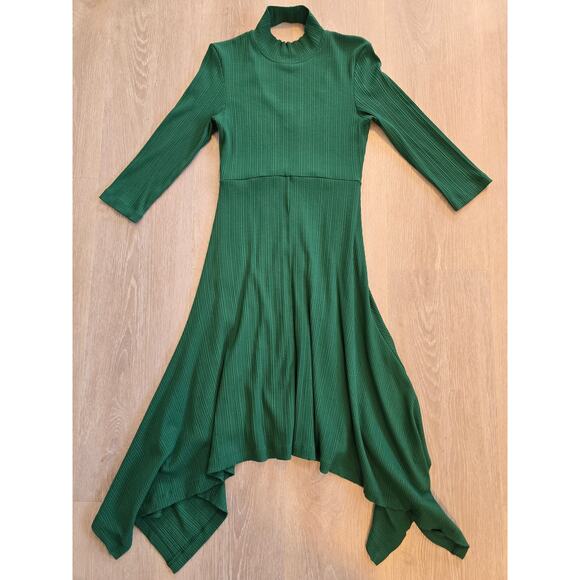 Anthropologie Green Asymmetrical Hem Midi Dress Size S Ribbed Mock Neck - Picture 1 of 4